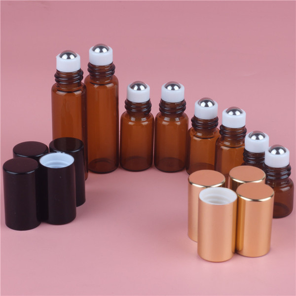 1ml 2ml 3ml 5ml 10ml Amber Glass Roll On Bottle Empty Essential Oil Perfume Rollon Tube Metal Roller Ball Bottle gold Lid Travel Portable