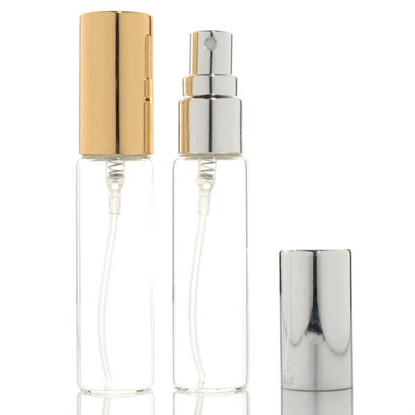 50pcs 5ML 10ML Transparent Thin Glass Spray Bottle Sample Glass Vials Portable Mini Perfume Atomizer Gold Silver Cap