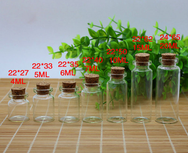 Wholesale Price 3ML/4ML/5ML/6ML/7ML/10ML/15ML/20ML/ Clear Glass Drifting Bottles with wooden Cork Free Shipping