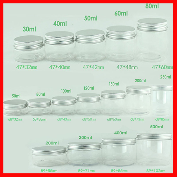 Clear PET Jar w Aluminum Lid Empty Cosmetic Containers Plastic Pot Makeup Box 30ml 40ml 50ml 60ml 80ml 100ml 120ml 200ml 250ml