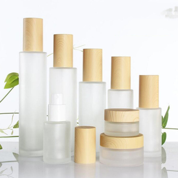 30ml/40ml/60ml/80ml/100ml Frosted Glass Cosmetic Cream Jar Bottle,Face Cream Pot,Foundation Essence Lotion Pump Bottle Imitation Bamboo Lids