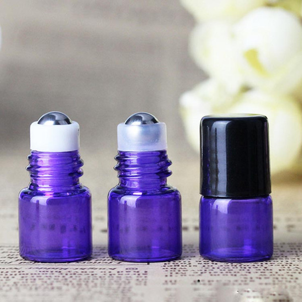 NEW 1ml Purple Glass Roller Bottles Mini Tiny Refillable Empty Aromatherapy Perfume Liquid Glass Roll On Bottles Vials Metal Roller ball