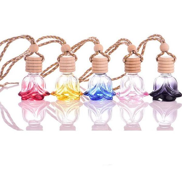 Rose Perfume Bottle Flower Shape Empty Glass Car Essential Oils Perfume Pendant Ornament Rose Fragrance Packing Bottles GGA1919