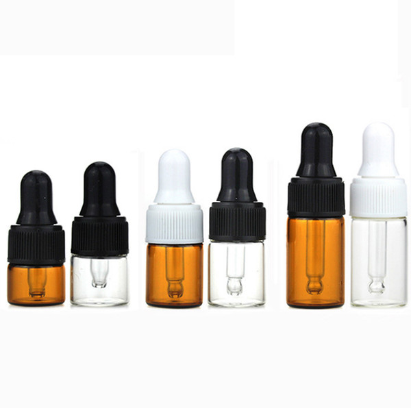 Empty Mini Essential Oil Bottles 1ml 2ml 3ml Amber Clear Glass Dropper Bottles with Black white Cap Glass Dropper Tube , Small Sample Glass