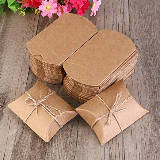 100pcs/lot Pillow Box,Kraft Boxes,Kraft Paper Gift Box Candy Box with Rope (2.7x2 Inch)