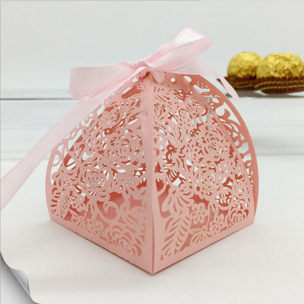 6*6*7cm Pearl Paper Laser Cut Flower Chocolate Gift Box Mutil Color with Ribbon For Baby Shower Wedding Favors Packing Boxes