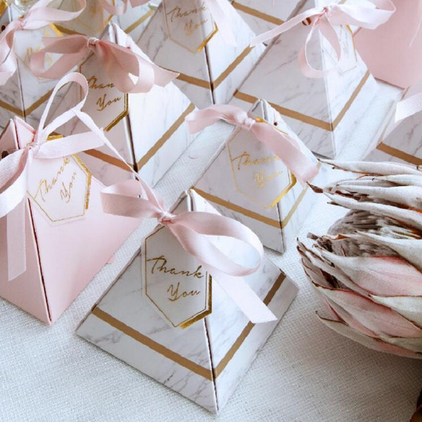 50pcs Europe Triangular Pyramid Style Candy Box Wedding Favors Party Supplies Paper Gift Boxes with THANKS Card & Ribbon free shipping