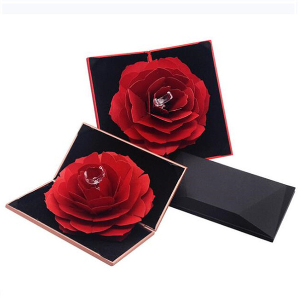 Red Rose Ring Box, Hand-Made Rotate rose Wedding Originality Gift Box, Fashion Valentines Engagement Box Jewellery Packaging Box 0384