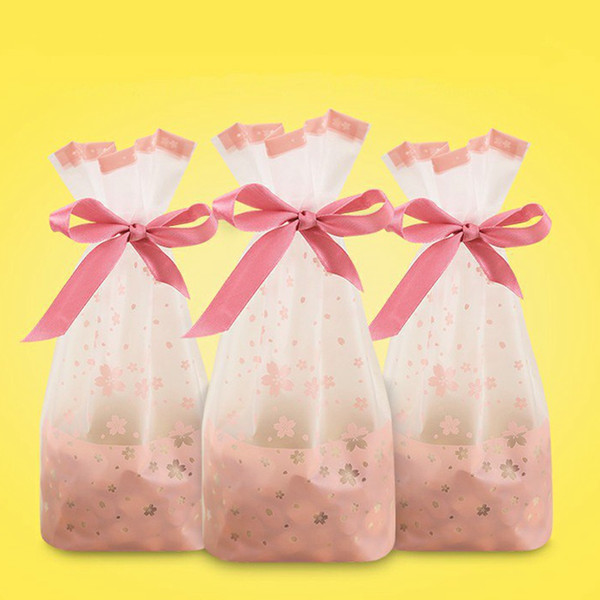 Sakura Pink Gift Bag Plastic Food Grade Ribbon Drawstring Bag Packaging for Cookie Candy Bunch Mouth Bag Stand-up Pouches