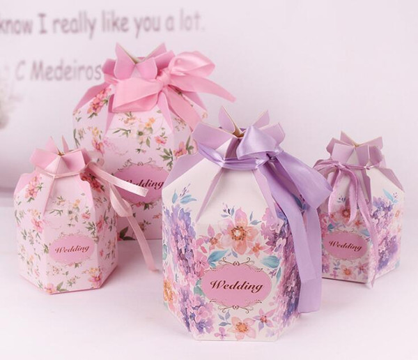 Creative Hexagon Candy Box European Wedding Candy Box Wedding Flowers Print Gift Paper Bag Wedding Supplies