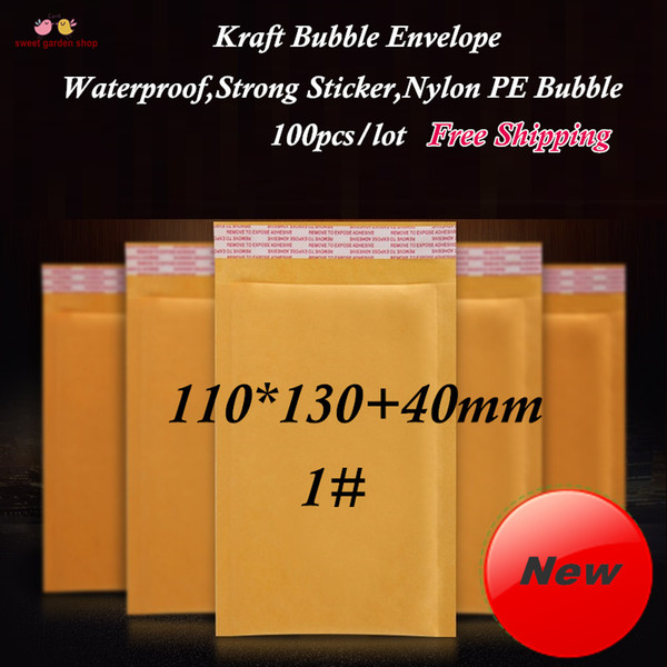 Wholesale-(100pcs/lot) 110x130+40mm Kraft Bubble Envelopes, Yellow Paper Padded Envelop Mailer With Strong Sticker and Thick Bubble 1#