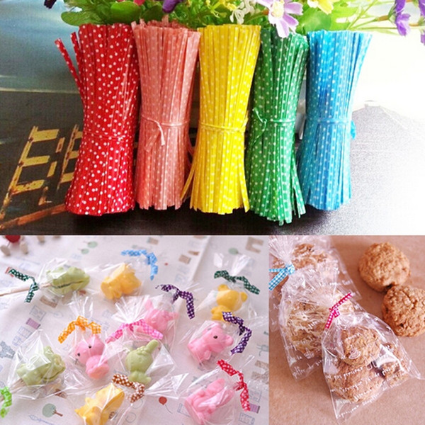 100Pcs/pack Candy color Dot Print Twist Ties Wire For Cake Pops Sealing Cello Bags Lollipop Gifts Packgae