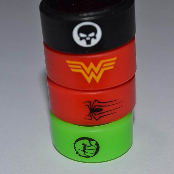 1000Pcs Wholesale Ecig Vape Band Silicone Rings Colorful Decoration Rubber Rings with Spiderman Wonder Woman League of Legends Punisher Logo