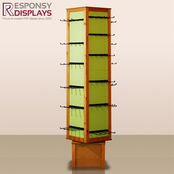 Custom wholesales wooden floor pos spinner ornaments display stand with metal hooks