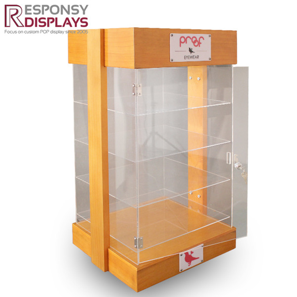 Four sides show clear acrylic and wooden sunglasses display boxes with light and lock