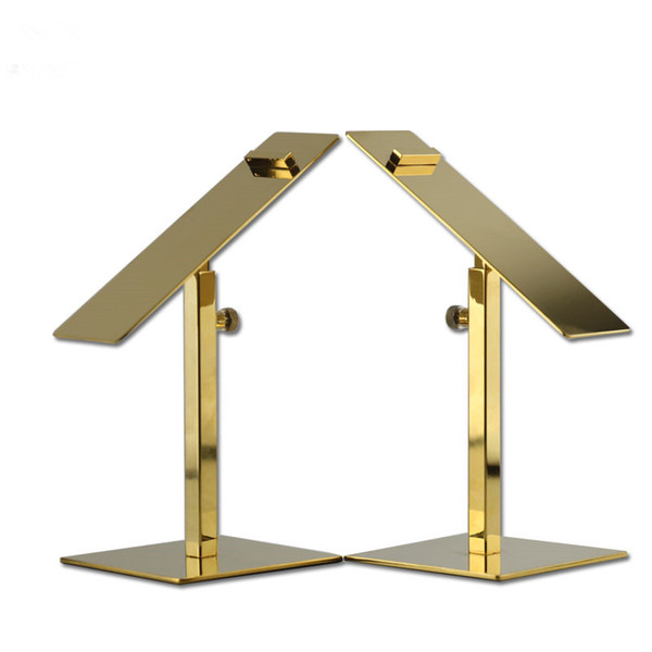 Free Shipping Golden color metal stainless steel adjustable height heels holder rack shoes display shelf stand 2PCS