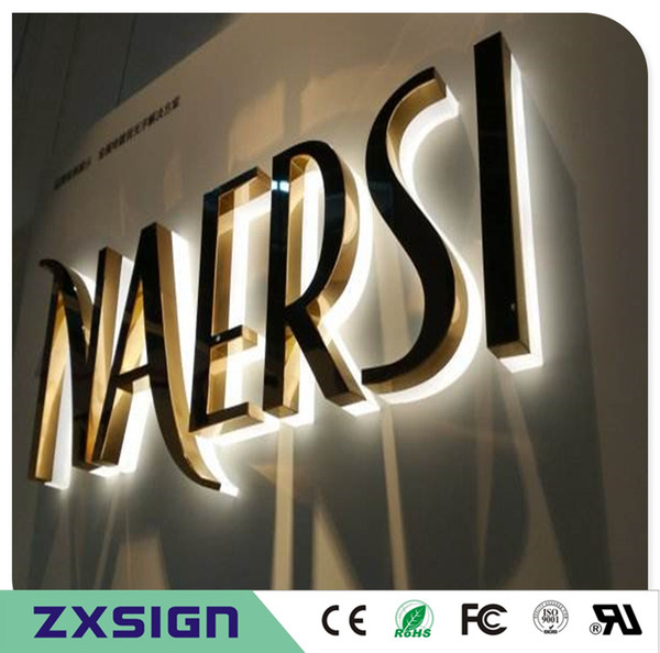 Factory Outlet gold color brushed/mirror polished stainless steel backlit led sign letters with acrylic bases, backlit shop name sign logos.