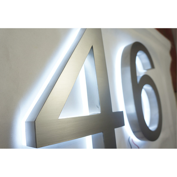 Custom Made Brushed Stainless Steel Wall Mounted Warm White Led Illuminated Channel Letters Backlit House Numbers