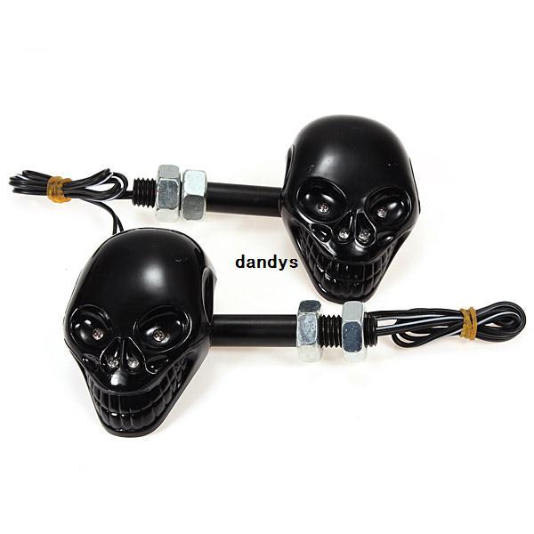 Pair Motorcyle Black Skull Head Turn Signal Indicator Blinker 12V LED Amber Light Free shipping,dandys