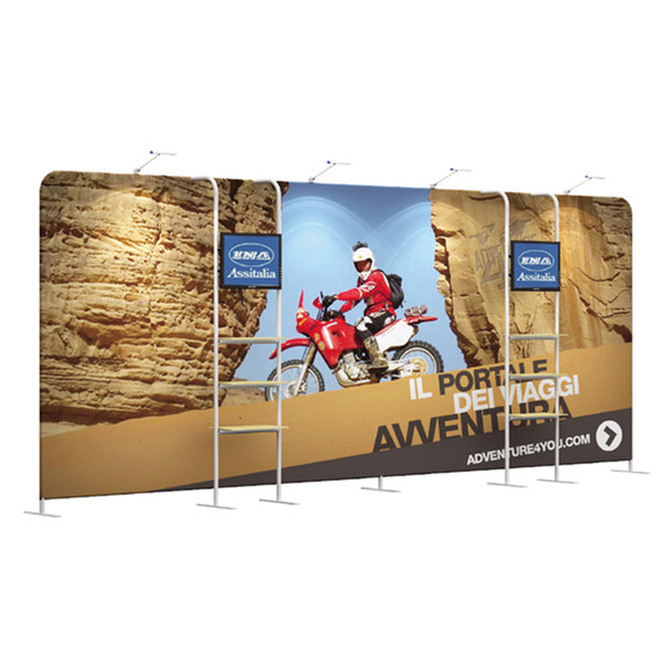 20FT Straight Outdoor Free Standing Display Backdrop Tradeshow Stand With Display Rack TV Holder Tension Fabric Printed Graphic Portable Bag