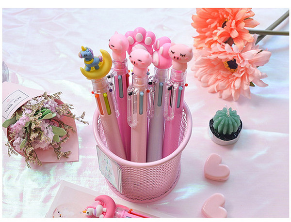 Ballpoint pen wholesale free shipping Lovely cartoon color push ballpoint pen student multi-function hand account marking 6-color penBP048