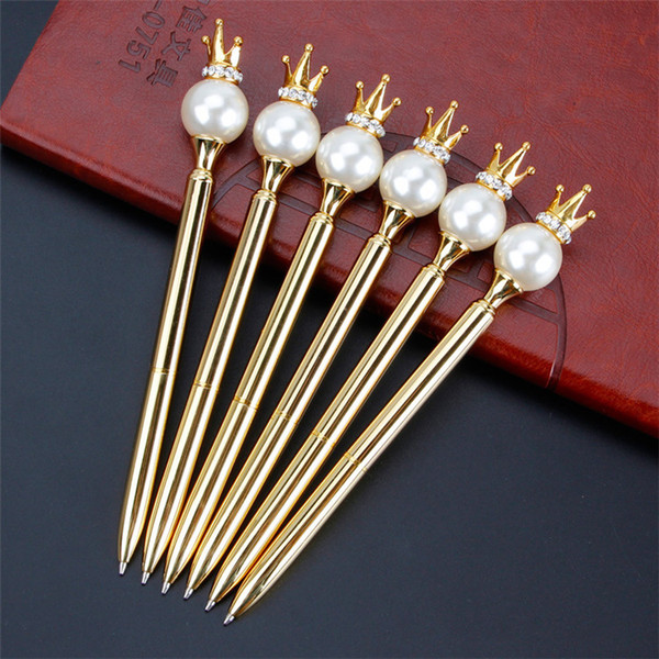 New Creative Big Pearl Head Metal Ballpoint Pen With Crystal Diamond Crown Student Stationery Writing Supplies