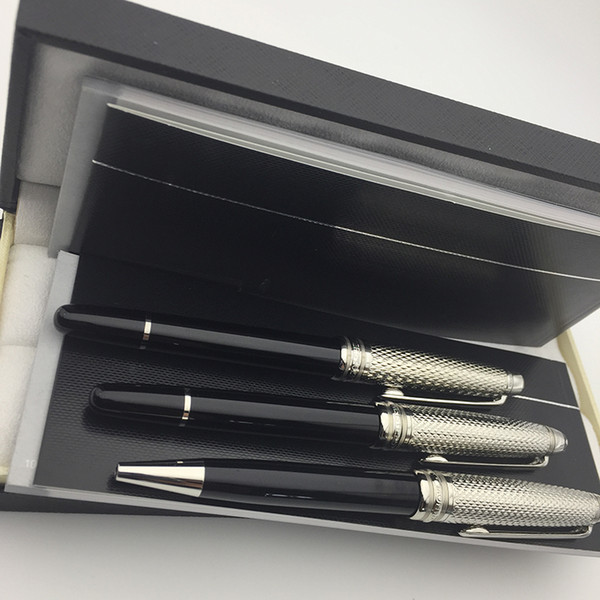 AAA Quality Black Silver Dotted Monte Pen Set Gift , Luxury Ballpoint Rollerball Fountain Pen for School Office Stationery Writing Gift