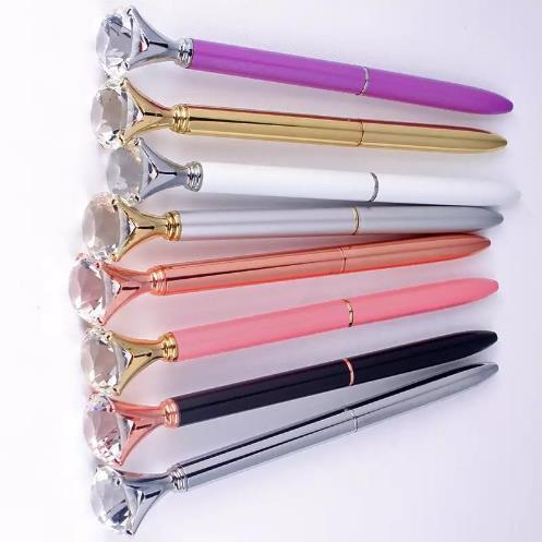 Big carat diamond Crystal Pen Gem Ballpoint pen ring wedding office Metal ring roller ball pen Rose gold silver pink purple c806