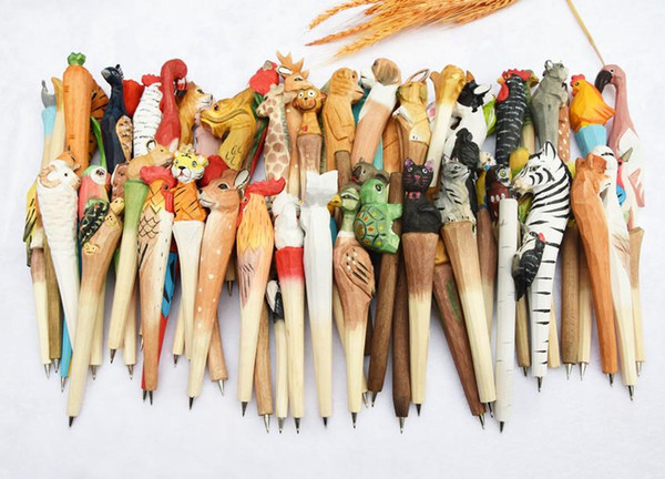 100pcs/lot Animal Wooden carving creative ballpoint pen wood Ball point pens handmade sculpture student ball-point free shipping