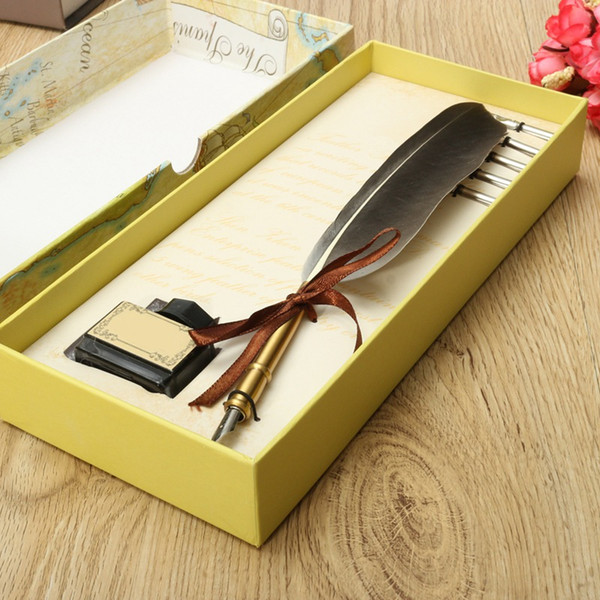 Wholesale-Excellent Antique Quill Feather Dip Pen Writing Ink Set Stationery Gift Box with 5 Nib Wedding Gift Quill Pen Fountain Pen