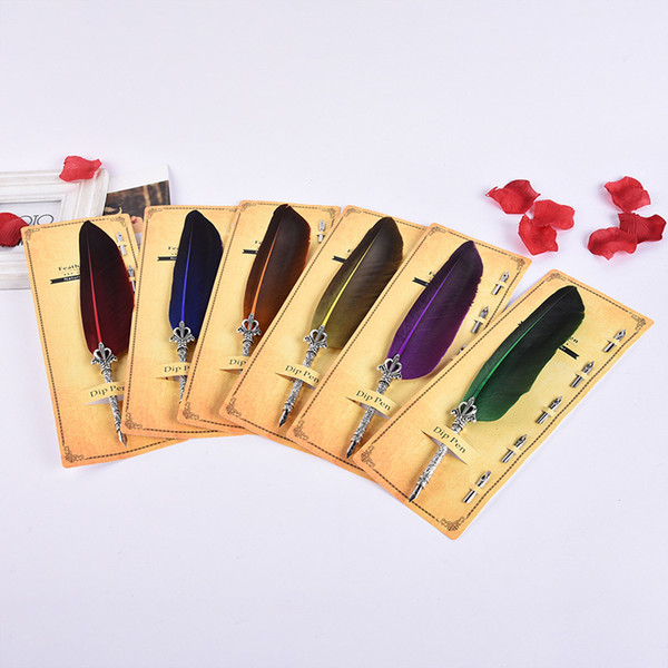 Fashion Feather Quill Pen 6 Colors Alloy Dip Pens for Wedding Gift Office School Writing W7563