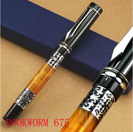 Wholesale- BOOKWORM 675 black resin and silver flower amber celluloid brand fountain pen school office stationery writing smooth ink pens