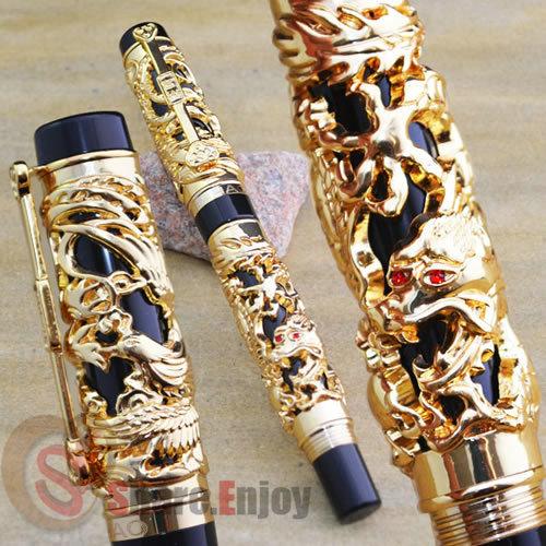 Wholesale-JINHAO BLACK AND GOLDEN DRAGON AND PHOENIX 18KGP FINE NIB FOUNTAIN PEN