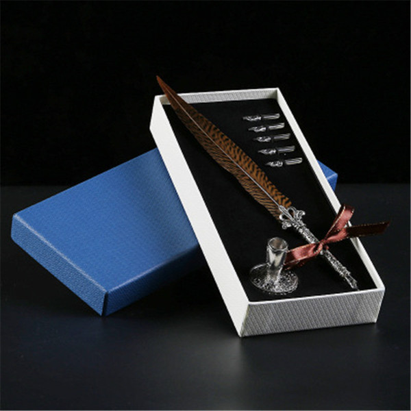 Honorable and graceful Antique Quill Feather Dip Pen Writing Ink Set Stationery Gift Box Top Quality Fountain Pen For autograph