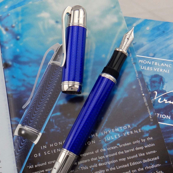 Wholesale- Navy Blue Mb Writers Edition High Quality Office School Stationary For Jules Gabriel Verne Special Edition Fountain Pen