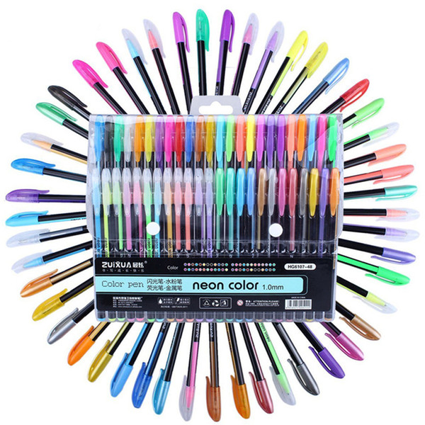 Wholesale-48 Colors Gel Pens Set & Refills Rollerball Pastel Neon Glitter Sketch Drawing Color Pen Markers Marker Manga School Stationery