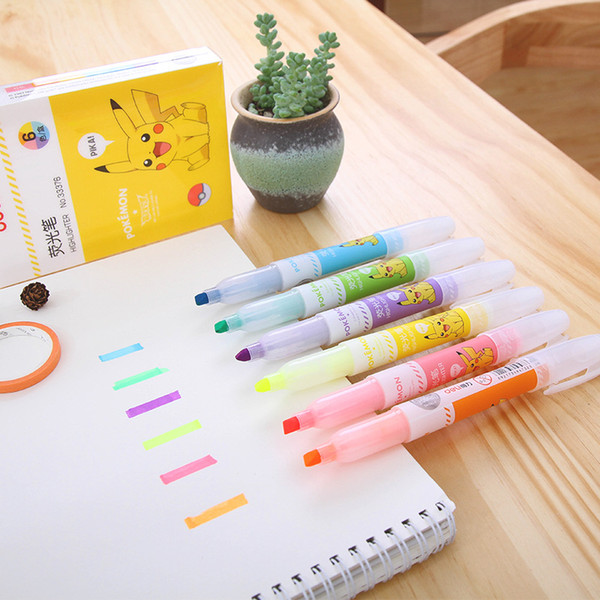 6 pcs/1 Lot Soft Pen Pikachu series 6 colors Highlighter For Kids Stationery Copic Markers Art Supplies School