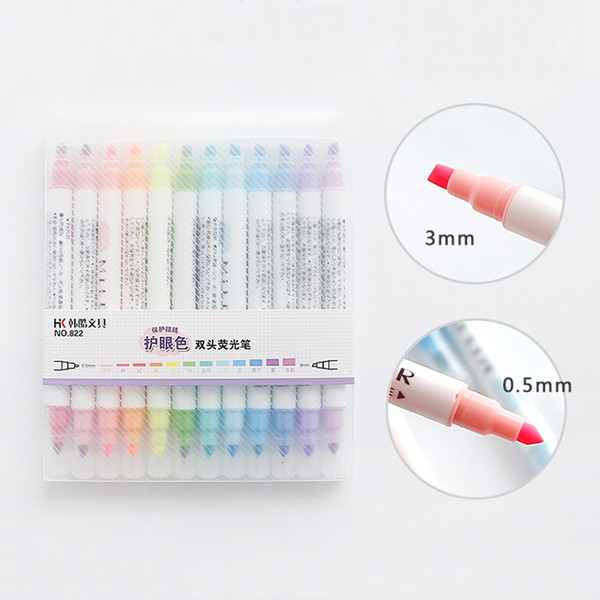 12 Pcs/Set Double Headed Highlighters Stationery Mild Highlighters Pens Colored Drawing Painting Highlighter Art Marker Pens DH1197 T03