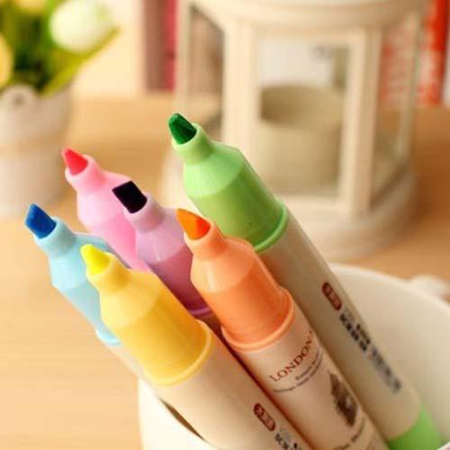 New 6 Colors Double Head Highlighter Pen Marker Paint Liner Pastel Glitter Decorative Label /Round Toe/Oblique Free Shipping