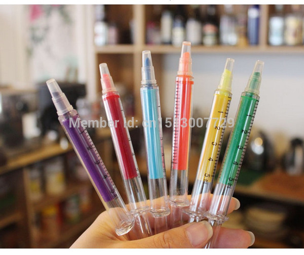 Lot 12pcs 6 Color Cute Injection Needle Tube Syringe Fluorescent Pen Highlighters Marker Pen Stationery Supplies Free shipping