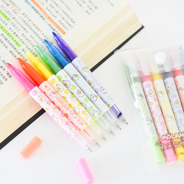 6 pcs Cartoon molang highlighter pen set Dual side color marker spot liner Stationery office accessories School supplies A6007