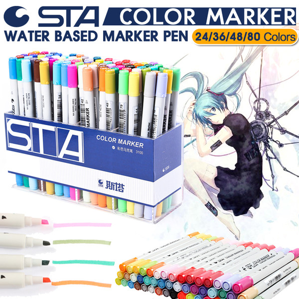 STA 24/36/48/80 Color Art Markers Set Dual Headed Artist Sketch Oily Alcohol based markers For Animation Manga liner brush pen