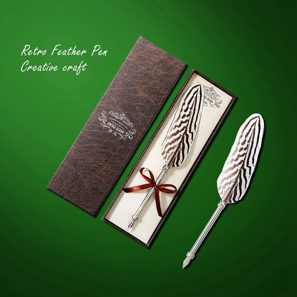 Creative Craft Vintage Feather Pen Vintage Engraved Metal Feather Pen Signature Gift European Memorial Set