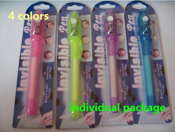 Wholesale-Free shipping ,100pcs/lot , 2 in 1 INK Pens, Invisible UV Pen, secret message pen,4 colors mixed