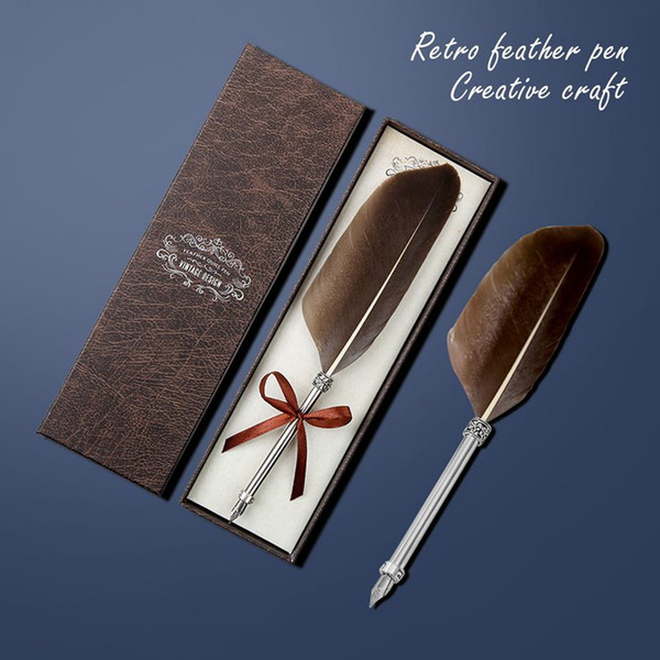 Creative Craft Vintage Feather Pen Vintage Engraved Metal Feather Pen Signature Gift Memorial Set