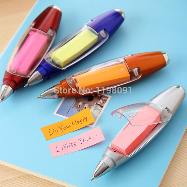 Wholesale-50pcs/lot Multifunctional Promotional Ballpoint Pens Sticky Notes LED light Pen pluma with lanyard 6 colors Free Shipping