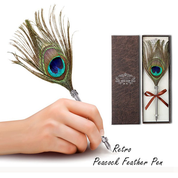 Creative Craft Vintage Feather Pen Vintage Carved Stainless Steel Felt Pen Signature Gift Peacock Feather Set