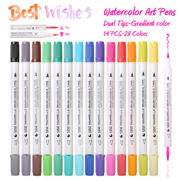 28Colors 14Pcs Gradient Watercolor Art Marker Set Water Soluble Double Color Brush Marker Pen For Design Manga Comic