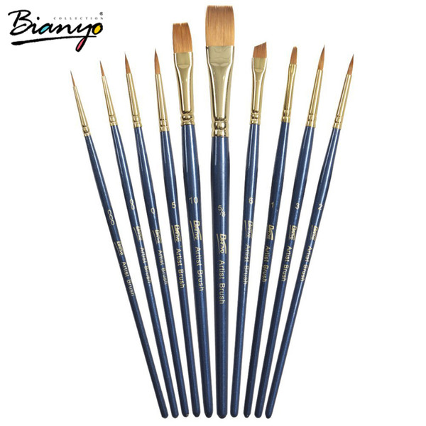 Wholesale-Wholesale 10Pcs Artist Paint Brush Set Nylon Hair Brass Ferrules Acrylic Oil Painting Watercolor Supplies