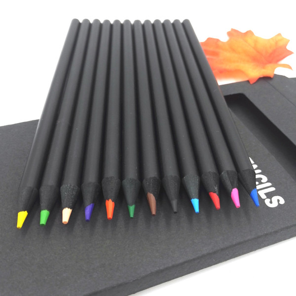 12 Pcs/set Black Wood Color Pencil Packaging 12 Different Colours Colored Pencils Drawing For Children Stationary High Quality